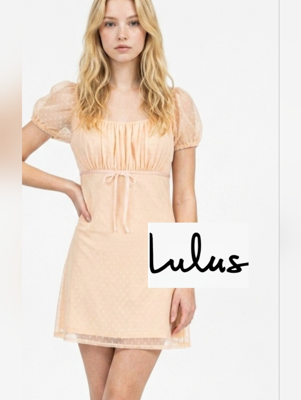 LULUS Delicate Puff Sleeve Waist TUNIC / MINI DRESS  Blush w Shirring On Top